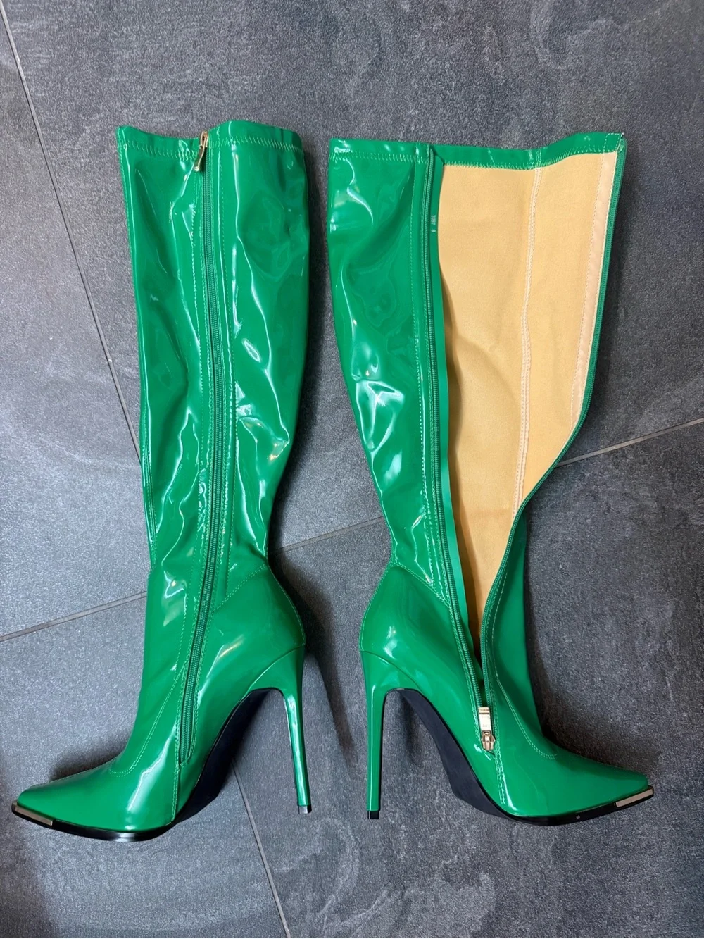 Green Patent Knee-High Stiletto Boots - Women's Fashion Boots